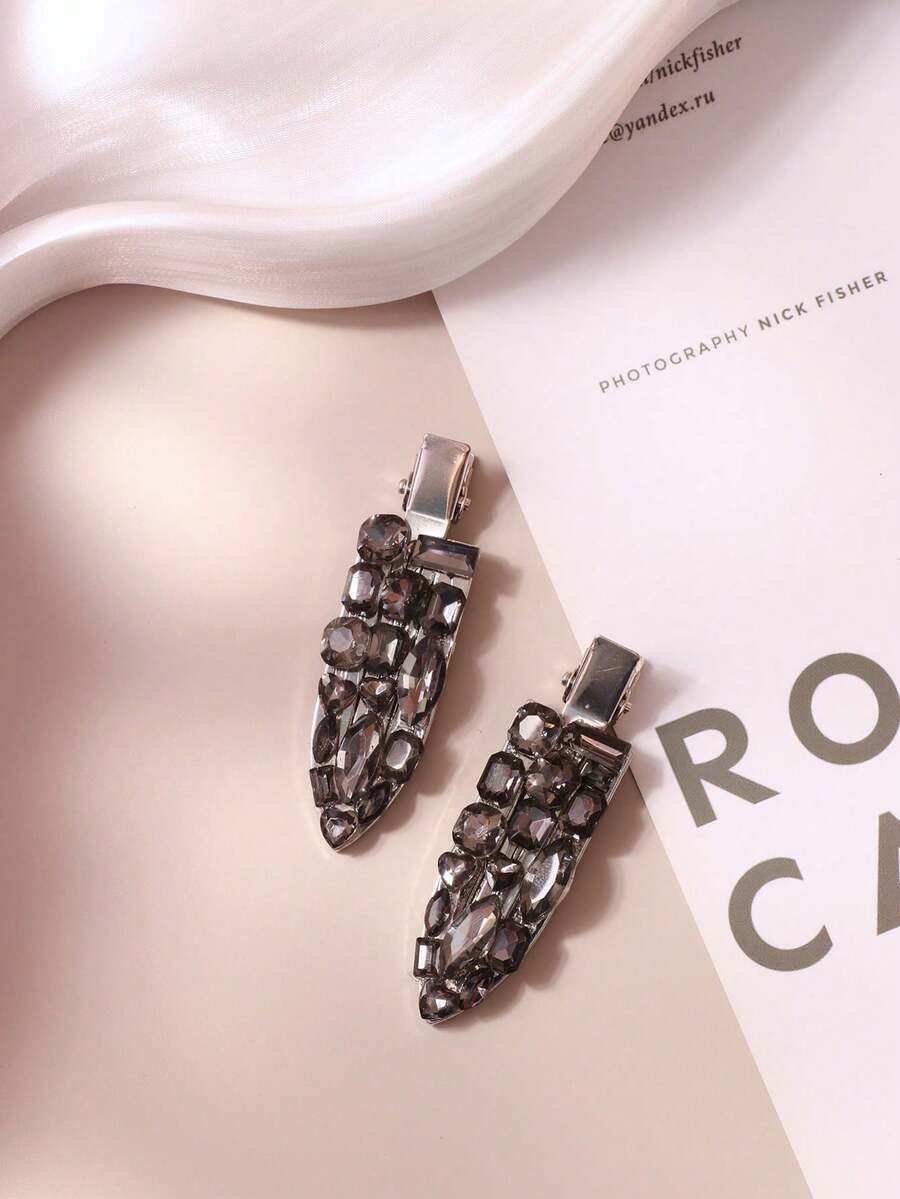1pc Gun Black High-End Design Pearl & Rhinestone Invisible Hair Clip, Side Bangs Clip For Daily Casual Elegant Look - Gun Black - View 1
