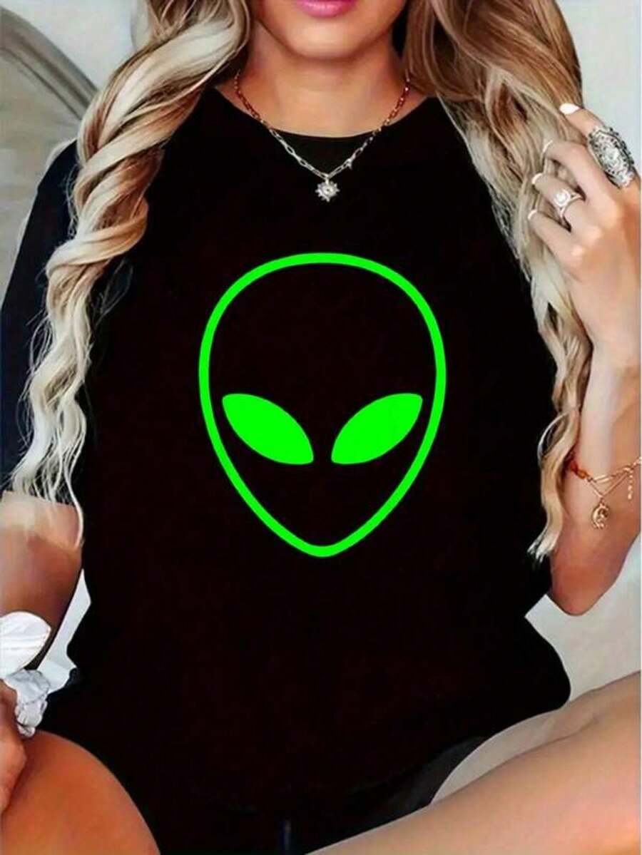Camiseta con diseño divertido de cabeza de alien verde, ideal para mujeres, suaves, transpirables, cómodas para verano e invierno, regalos de Halloween y Navidad.