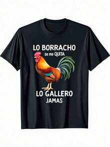 Camiseta de algodón vintage con estampado de gallo para hombre de talla grande - Cuello redondo negro, manga corta, diseño de gallo colorido y cita en español, tejido suave y transpirable para el Día de San Valentín, el Día de San Patricio, actividades al aire libre, ropa casual, ajuste cómodo, ropa de exterior Camiseta gráfica juguetona Camisa con ajuste cómodo - Negro - Ver 2