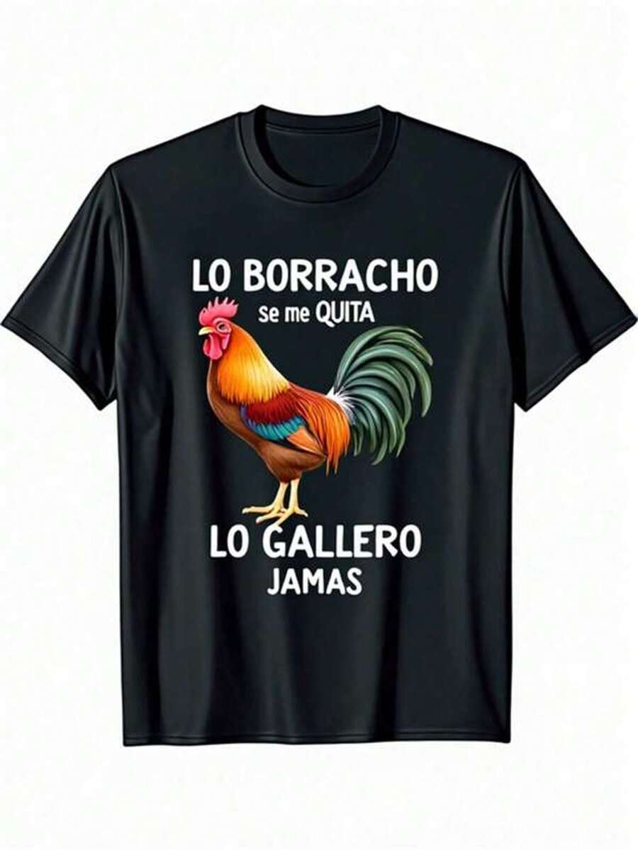 Camiseta de algodón vintage con estampado de gallo para hombre de talla grande - Cuello redondo negro, manga corta, diseño de gallo colorido y cita en español, tejido suave y transpirable para el Día de San Valentín, el Día de San Patricio, actividades al aire libre, ropa casual, ajuste cómodo, ropa de exterior  Camiseta gráfica juguetona  Camisa con ajuste cómodo