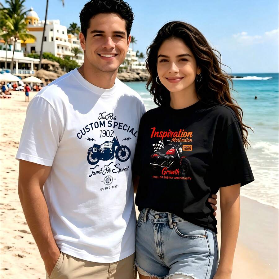 2-Piece Couple Matching Pattern T-Shirt, 100% Cotton, Loose Fit, Soft And Breathable, Casual Round Neck Short Sleeved Top Man With Sunglasses And Beard Woman With Floral Hair And Earrings Versatile Patterns No Picky Combinations Coordinated Dating Casual Travel Simple And Cartoonish Printing - 白色 - 查看 1