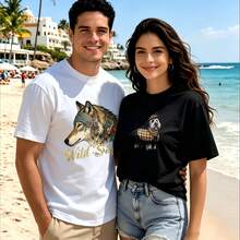 2-Piece Couple Matching Pattern T-Shirt, 100% Cotton, Loose Fit, Soft And Breathable, Casual Round Neck Short Sleeved Top Mardi Gras Dog With Beads And Glasses Right Between Your Ears Headphones Versatile Patterns No Picky Combinations Coordinated Dating Casual Travel Simple And Cartoonish - 白色 - 查看 1