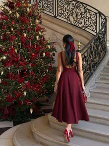 Elegante vestido maxi romántico francés con espalda descubierta, cintura ceñida y diseño calado, encantador y sexy, adecuado para Navidad, fiestas de vacaciones, citas en verano de color negro - Burdeos - Ver 4