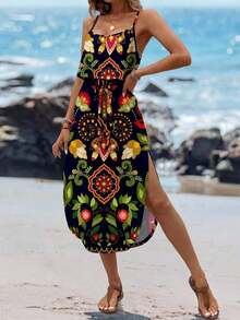 Vestido midi sin mangas con efecto tie-dye, con cintura ajustable y abertura, para el verano - Multicolor 4 - Ver 5