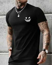 Camiseta Gráfica de Algodón para Hombre Aiyino, Estilo Casual Urbano, con Estampado Minimalista de Sonrisa en el Pecho y Cuello Redondo GCT5 - Blanco - Ver 9