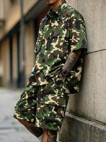 Men's Camo 2 Pieces Set: Short Sleeve Collared Shirt And Cargo Shorts - Army Green - View 3