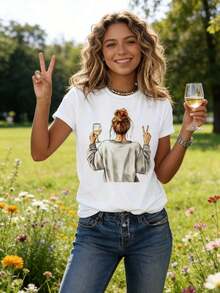 Camiseta Casual con Estampado Gráfico de Arte del Vino, Manga Corta, Cuello Redondo, Top Casual para Verano y Primavera, Ropa de Mujer, 100% Algodón, Duradera - Blanco - Ver 2
