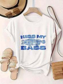 Camiseta Casual para Mujer - Camiseta de Manga Corta con Estampado de Diseño "Kiss My Bass Fish", Cuello Redondo, Top de Verano, Lavable a Máquina, Camisetas para Damas, Ropa Casual, Estilo Moderno, Ajuste Cómodo  
     Conjuntos de verano para mujer, camisetas gráficas para mujer, camisetas gráficas, camisetas gráficas para mujer, camisetas de verano, camisetas casuales, camisetas de verano, tops, conjuntos de verano para mujer, 100% algodón, duraderas. - Blanco - Ver 2