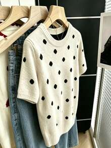 Retro Flocked Polka Dot Element Round Neck Short Sleeve Loose Casual Beige Base Black Dot Korean Relaxed Knit Top, Versatile For Spring/Autumn Commute, Daily Wear, Date - Oatmeal Color - View 3