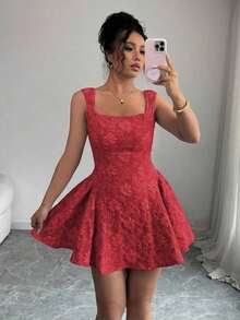 Vestido mini azul de mujer con cuello ancho, sin mangas, cintura recogida y textura de jacquard, elegante y romántico para graduación, baile de graduación, fiesta, festival de música, vacaciones - Rosa Fucsia - Ver 8