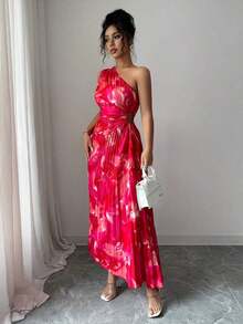 Vestido con estampado floral, cintura plisada, hombro asimétrico y recorte, elegante para mujer, Verano 2025 - Rojo - Ver 4