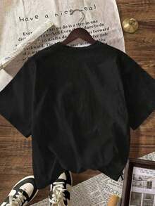 Camiseta de manga corta con cuello redondo y estampado de Spring Topser Bank, diseño sencillo, adecuada para uso diario, holgada y cómoda. - Negro - Ver 2
