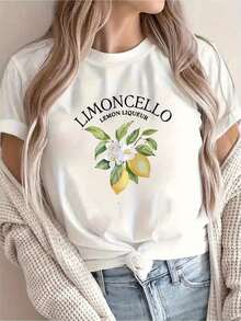 Camiseta con Estampado Creativo de Lemoncello, Casual para Mujer, Vacaciones, Manga Corta, Cuello Redondo, Primavera y Verano, Lavable a Máquina, Ropa Nueva para Mujer, Versátil para la Calle, Talla S - Blanco - Ver 1