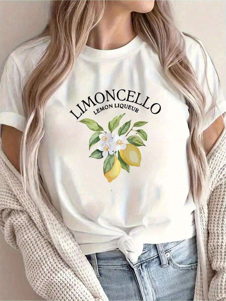 Camiseta con Estampado Creativo de Lemoncello, Casual para Mujer, Vacaciones, Manga Corta, Cuello Redondo, Primavera y Verano, Lavable a Máquina, Ropa Nueva para Mujer, Versátil para la Calle, Talla S - Blanco - Ver 1
