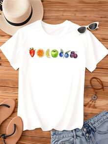Camiseta Casual de Moda para Mujer, Corte Holgado, Cuello Redondo, Manga Corta, Estampado de Frutas: Fresa, Naranja, Limón, Manzana, Arándano, Ciruela, Camiseta Gráfica para Uso Diario, Ropa de Verano, 100% Algodón, Duradera - Blanco - Ver 3