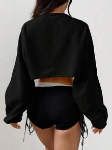 Women's Loose-Fitting Solid Color Crop Top, Black, Spring - Hitam - View 5
