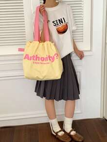 2025 New Drawstring Large Capacity Shoulder Canvas Bag, Japanese Letter Nylon Handbag Tote Bag For Commuting - Yellow - View 2