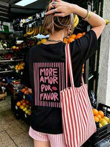 Camiseta de manga corta para mujer, holgada, de cuello redondo, con estampado de rayas "MORE AMOR POR FAVOR", adecuada para fiestas, vacaciones, oficina, uso diario, citas, reuniones, ropa de calle, una camiseta blanca casual imprescindible para el verano, 100% algodón. - Negro - Ver 3
