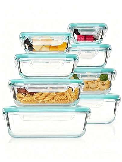 密封玻璃食品储存容器，带防漏锁盖 - 适用于微波炉、烤箱、冰箱和洗碗机，可用于备餐，长方形设计，坚固耐用