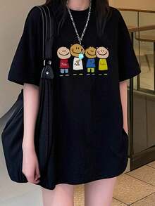Women's Short-Sleeved T-Shirt, Korean-Japanese Style, Casual, Round Neck, Loose Fit, Simple Cartoon Print, Spring/Summer Style, Black Graphic T-Shirt. - 黑色 - 查看 3