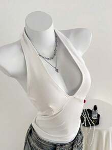 Top de tirantes de cuello halter sin espalda con cuello en V de color liso, uso casual diario - Blanco - Ver 3