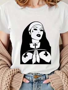 Women's Gothic Nun Graphic T-Shirt - Black Religious Shirt With White Eye Outlining - Stretchy Fabric For Halloween, Gothic Parties, And Casual Wear - Bold Catholic Nun Costume - Casual Wear, Gothic Accessories, Halloween Outfit, Medium Elasticity - 白色 - 查看 1