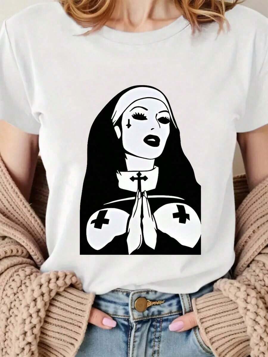 Women's Gothic Nun Graphic T-Shirt - Black Religious Shirt With White Eye Outlining - Stretchy Fabric For Halloween, Gothic Parties, And Casual Wear - Bold Catholic Nun Costume - Casual Wear, Gothic Accessories, Halloween Outfit, Medium Elasticity - 白色 - 查看 1