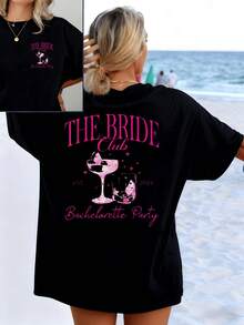 Sparkling Cups And Pink Stars Symbolize Celebration, Freedom, And Female Unity For A Special Night Filled With Joy And Memories. Elegant And Comfortable Double-Sided Party T-Shirt For Women. - 黑色 - 查看 1