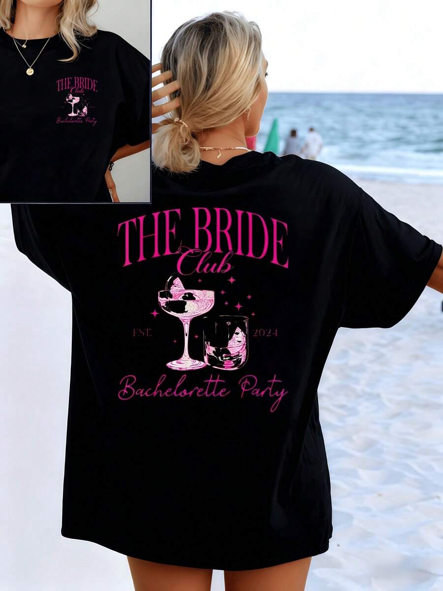 Sparkling Cups And Pink Stars Symbolize Celebration, Freedom, And Female Unity For A Special Night Filled With Joy And Memories. Elegant And Comfortable Double-Sided Party T-Shirt For Women. - 黑色 - 查看 1