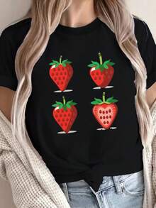 Casual Short-Sleeved T-Shirt With Strawberry Print, A Favorite Among Women In Spring And Summer - Unisex Cotton Loose-Fitting Short-Sleeved Round Neck Urban Vintage Style T-Shirt. - 黑色 - 查看 6