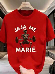 Free Shipping, Local Delivery In Mexico. Delivery In 4 Days. Funny Gym T-Shirt For Men - Black T-Shirt With Skeleton Graphic Lifting Weights And "Haha Yo Marie" Text - Durable Workout Gym Tee, Streetwear - Machine Washable Regular Fit Short Sleeve T-Shirt - Men's Fitness Clothing, Gym Tees, Casual Streetwear, Crew Neck, Bold Graphic Print - 紅色的 - 查看 5