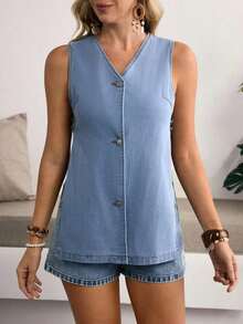 Chaqueta vaquera sin mangas casual de mujer con abertura lateral - Azul - Ver 4