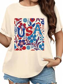 Women's Pure Cotton T-Shirt With American Patriotic Flag Floral Print - Independence Day 1776 Design, Plus Size, Lightweight, Breathable, Crew Neck, Short Sleeve, Casual Style For April 4th Celebrations And Everyday Wear, Tassel Cuffs, Comfortable And Fitted T-Shirt. IILR - 杏色 - 查看 1