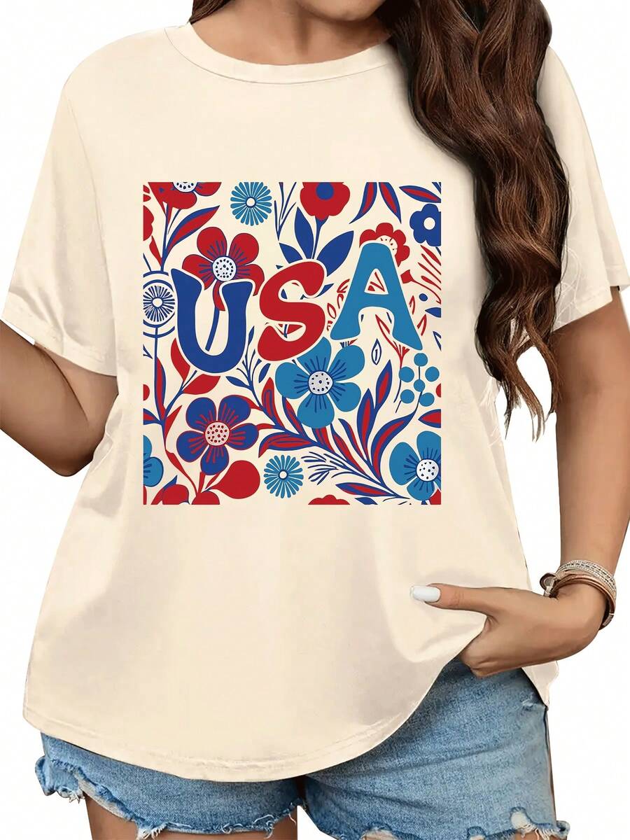Women's Pure Cotton T-Shirt With American Patriotic Flag Floral Print - Independence Day 1776 Design, Plus Size, Lightweight, Breathable, Crew Neck, Short Sleeve, Casual Style For April 4th Celebrations And Everyday Wear, Tassel Cuffs, Comfortable And Fitted T-Shirt. IILR - 杏色 - 查看 1