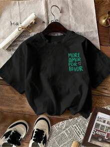 Women's Casual Cotton T-Shirt With A Letter Print Inspired By The Spanish Phrase MORE AMOR POR FAVOR, Meaning Please Give Me More Love, With Heart Embellishments - Soft Knit Fabric.|Crew Neck|Short Sleeves|Slightly Stretchy|All-Season Tops|Fashionable|Quick-Drying|Durable|Machine Washable FNYQ - 黑色 - 查看 2