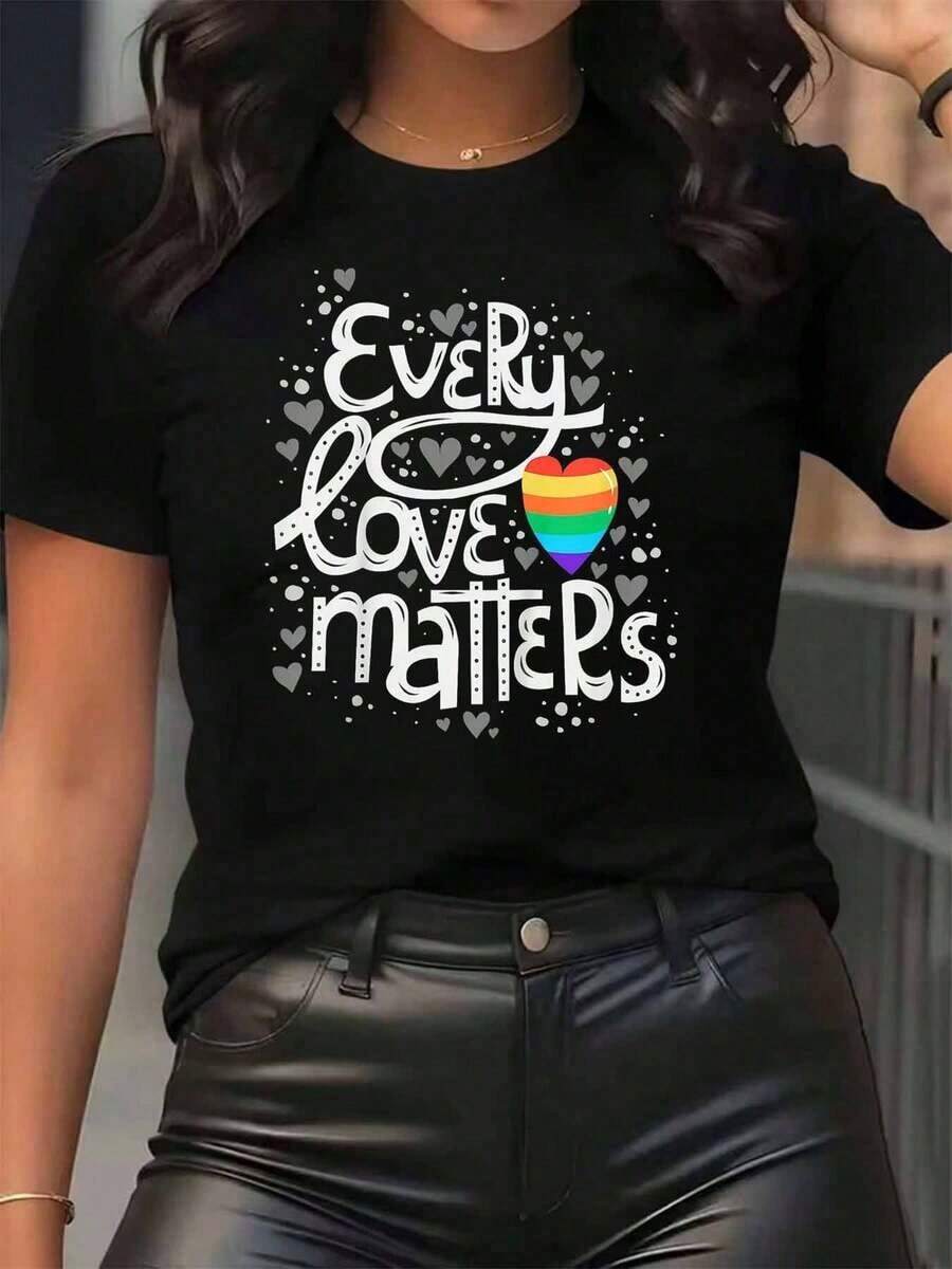 New Arrivals For Summer. Women's T-Shirt With Rainbow Heart Print "Every Love Matters", Round Neck, Casual Everyday Wear, Soft And Comfortable, Pride Festival Blouse, Shirt > Beautiful. - 黑色 - 查看 1