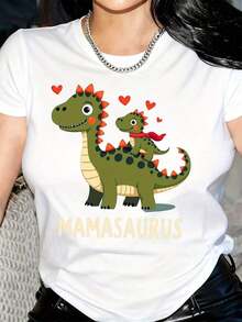 New Arrivals For Summer. Women's T-Shirt With Mamasaurus Dinosaur And Heart Print - Casual Black Short-Sleeved Round Neck Blouse, Machine Washable, Comfortable Fit For All Seasons. - 白色 - 查看 1