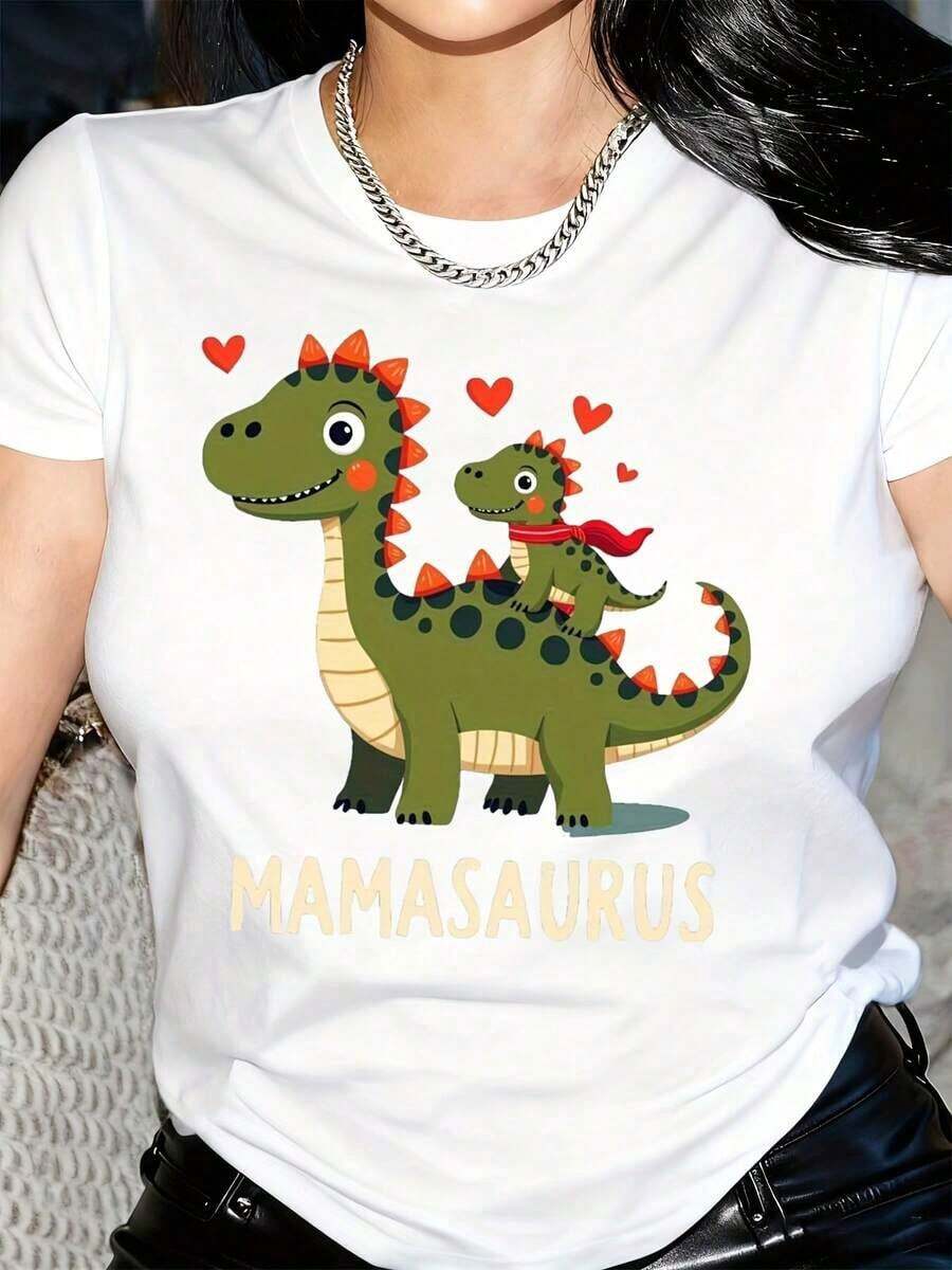 New Arrivals For Summer. Women's T-Shirt With Mamasaurus Dinosaur And Heart Print - Casual Black Short-Sleeved Round Neck Blouse, Machine Washable, Comfortable Fit For All Seasons. - 白色 - 查看 1
