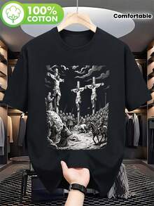 Vintage-Style T-Shirt With A Black And White Cross Pattern Depicting A Scene From The Bible, Made From Comfortable Fabric. This Short-Sleeved Shirt Is Suitable For Both Men And Women And Makes A Perfect Gift For Easter And Christmas. - 黑色 - 查看 8
