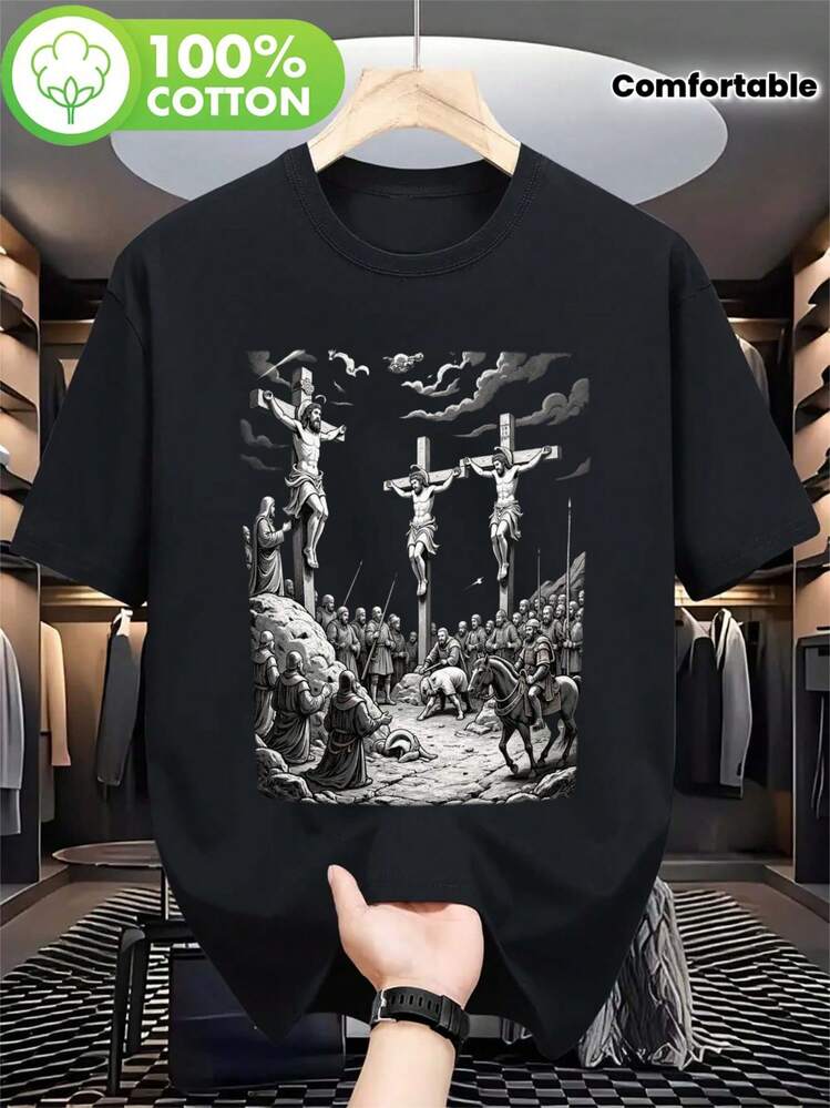 Camiseta de estilo vintage, con patrón de cruz en blanco y negro, que muestra una escena de la Biblia, de tela cómoda. Esta camisa de manga corta es adecuada tanto para hombres como para mujeres y es un regalo perfecto para Pascua y Navidad. - Negro - Añade 8