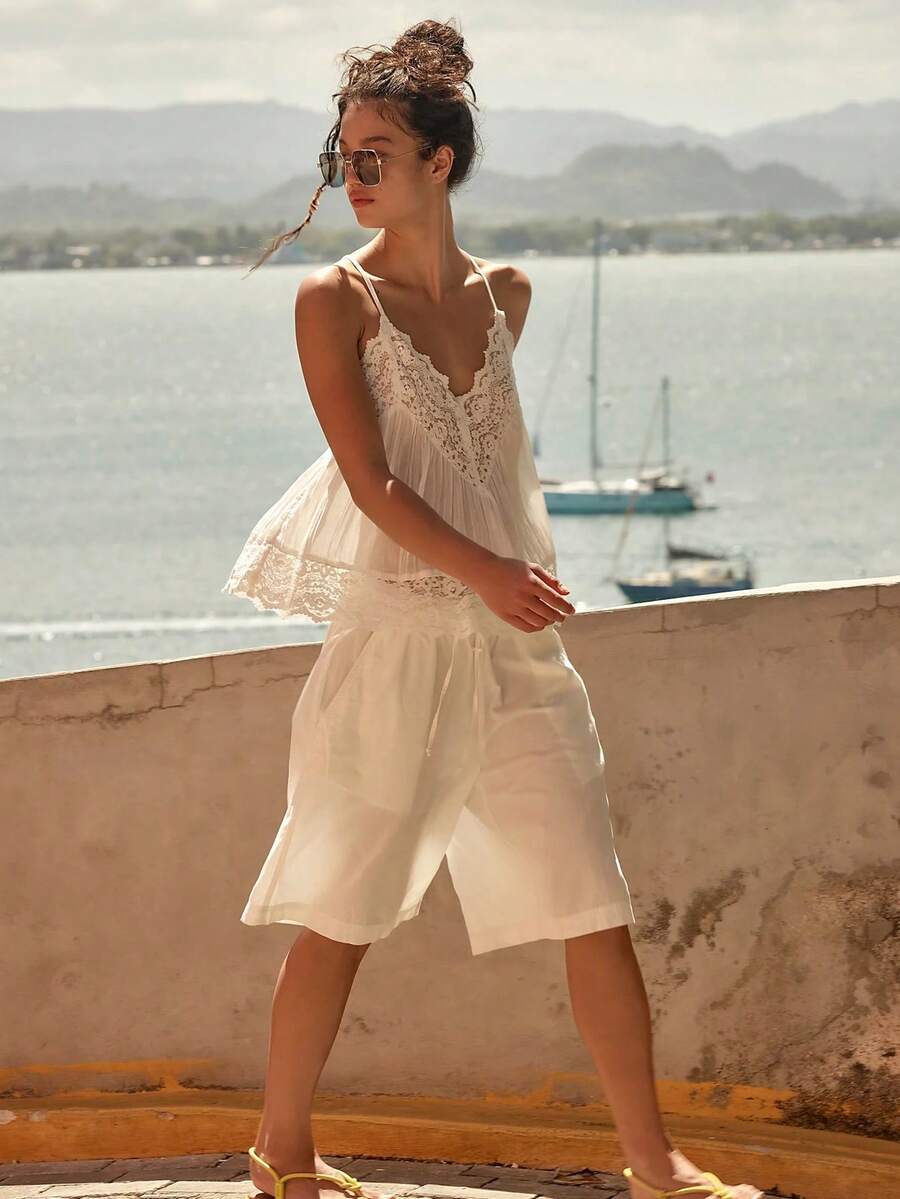 Women Camisoles Lace Spaghetti Strap Casual Tank Tops Summer Fashion Sleeveless Tops Streetwear - Blanco - Ver 1