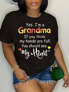 Plus Size Granny Print T-Shirt, Casual Short Sleeve Top For Spring And Summer, Plus Size Women's Clothing, Cotton T-Shirt. - 黑色 - 查看 7
