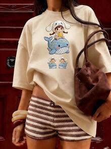 Girl And Blue Whale T-Shirt, Fashionable Short-Sleeved T-Shirt For Spring And Summer 2026, Made In Mexico, 180 Grams. Cartoon Print, Couple Design, Suitable For Indoor Or Outdoor Wear. Crew Neck, Unisex, Ideal For Office And Leisure. One-Pack. - APR-P631577SLNDXZGY556 - 查看 3