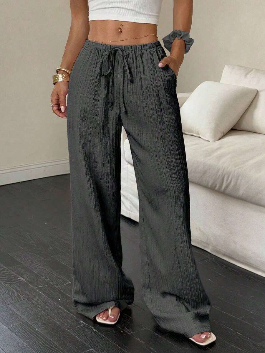 Women's Wide-Leg Pants With Diagonal Pocket, Tie Waist, And Solid-Color Textured Fabric - 灰色 - 查看 1