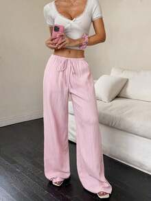 Women's Wide-Leg Pants With Diagonal Pocket, Tie Waist, And Solid-Color Textured Fabric - 粉色 - 查看 6