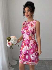 Vestido mini elegante de mujer con cuello redondo, sin mangas y con estampado floral ajustado - Rosa Fucsia - Ver 6