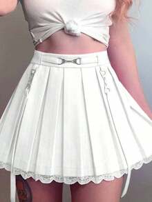 Falda gótica de cintura alta para mujer, falda plisada de encaje, minifalda con tirantes Y2K, falda corta acampanada, falda Harajuku - Blanco - Ver 1