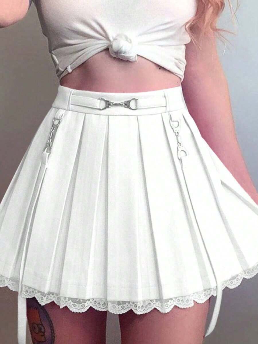 Falda gótica de cintura alta para mujer, falda plisada de encaje, minifalda con tirantes Y2K, falda corta acampanada, falda Harajuku - Blanco - Ver 1