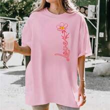 Women's Minimalist Floral Design T-Shirt "Peace Love Flower Line Art", Aesthetic Red T-Shirt With Floral Love Design, Cute Valentine's Day Gift. - 杏色 - 查看 4