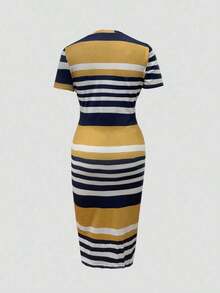 Vestido ajustado casual de mujer con bloques de color y rayas, elegante para el verano - Amarillo - Ver 4